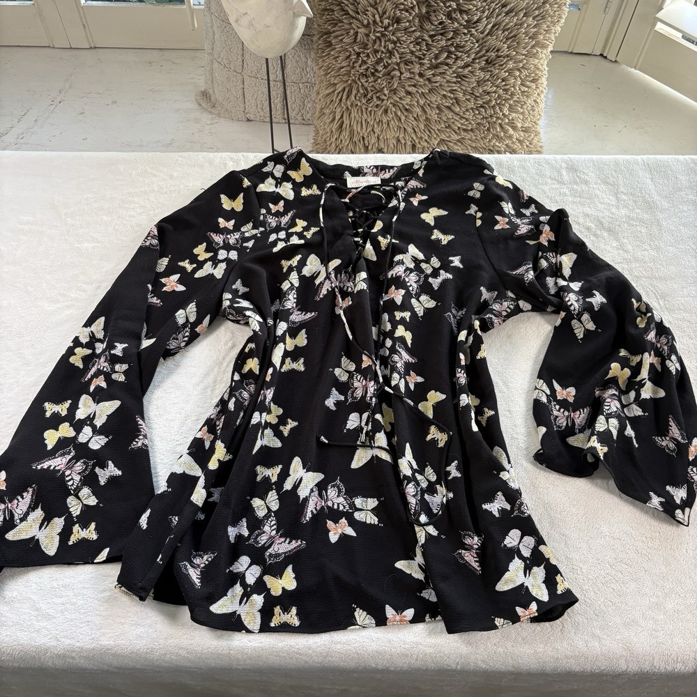 Y2K Alythea Womens XL Butterfly Blouse Lace Up Sheer Boho Festival‎ Top